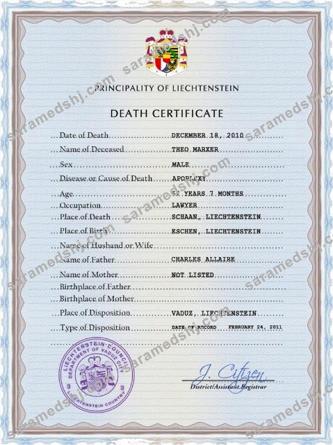 Liechtenstein vital record death certificate PSD template